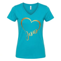 Load image into Gallery viewer, Jesus Heart Women’s Christian V-Neck T-Shirt – Faith &amp; Love Tee