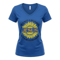 Load image into Gallery viewer, It’s Not a Religion, It’s a Relationship – Jesus Sunflower Christian V-Neck T-Shirt